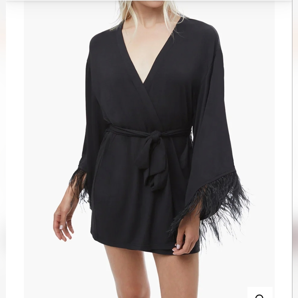 EUC WeWoreWhat Black Feathered Sleeve Modal Jersey Robe Modal Sz SMALL